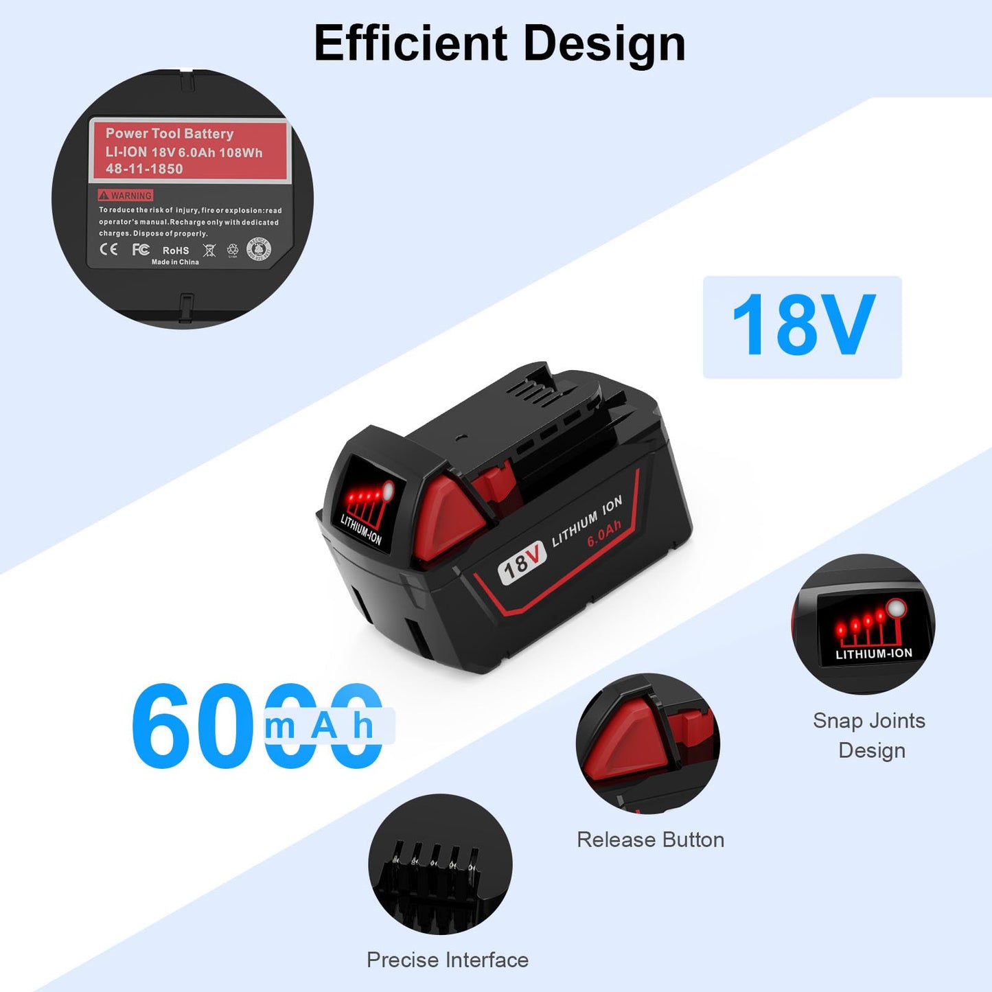 2 Pack 6.0Ah High Output 18V MAX M-18 Lithium-ion Replacement Batteries Compatible with Milwaukee M-18 Battery 48-11-1865 48-11-1850 48-11-1862 Cordless Power Tools