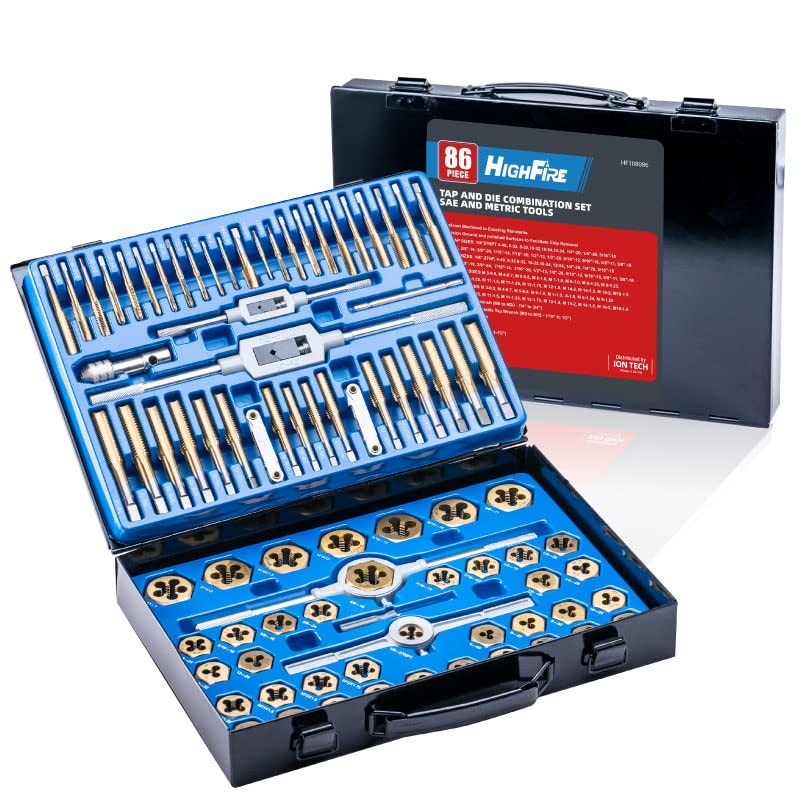 HIGHFIRE 86 PCS Tap and Die Set, SAE and Metric Standard, Large Tap and Die Set with Hex Shape, Titanium Coated Tap and Die Set with Storage Case, ALL-IN-ONE Tap and Die Set