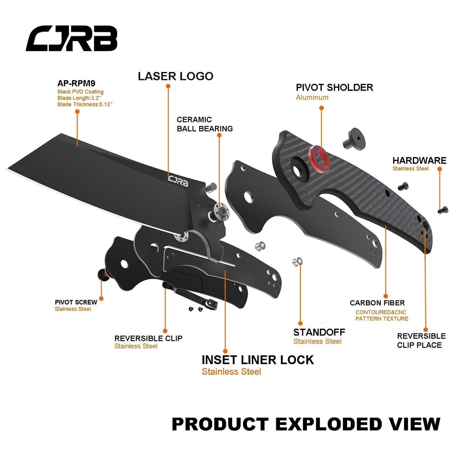 CJRB Crag Folding Pocket Knife, 3.43" AR-RPM9 Steel Blade Carbon Fiber Handle EDC Knife with Pocket Clip for Men Women Camping Survival Hiking, Black (J1904)