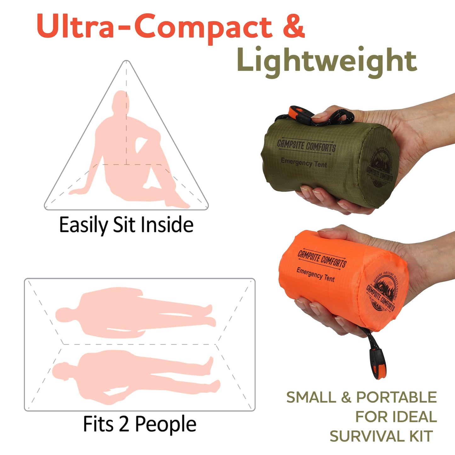 2 Pack Survival Tent with Stakes & Paracord - Each Life Tent Shelters 2 People - Mylar Bivy with Whistle & Carabiner - Waterproof Emergency Shelter – Compact Backpacking & Bushcraft Gear
