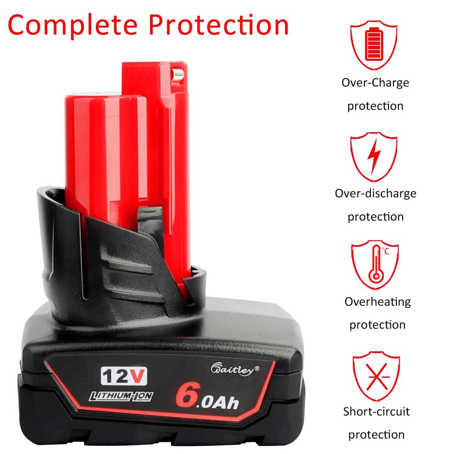 waitley 2 Pack 12V 6A Replacement Battery Compatible with Milwaukee 6.0Ah Power Tools