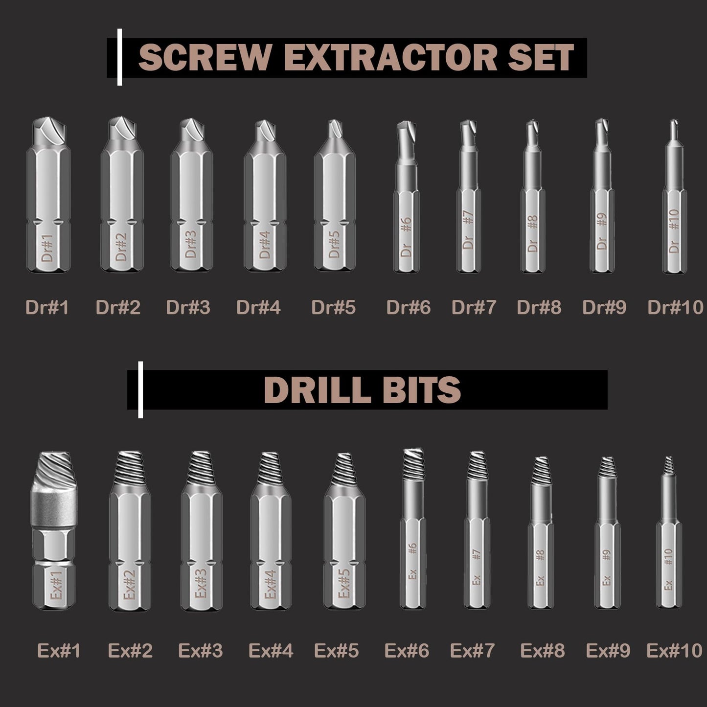 REXBETI 41-Piece Impact Bolt Extractor Screw Extractor Set and Stripped Screw Remover, Case with 16-Piece Bolt Extractor, 10-Piece HSS Drill Bit, 10-Piece Spiral Screw Extractor and 4 Piece Adapter