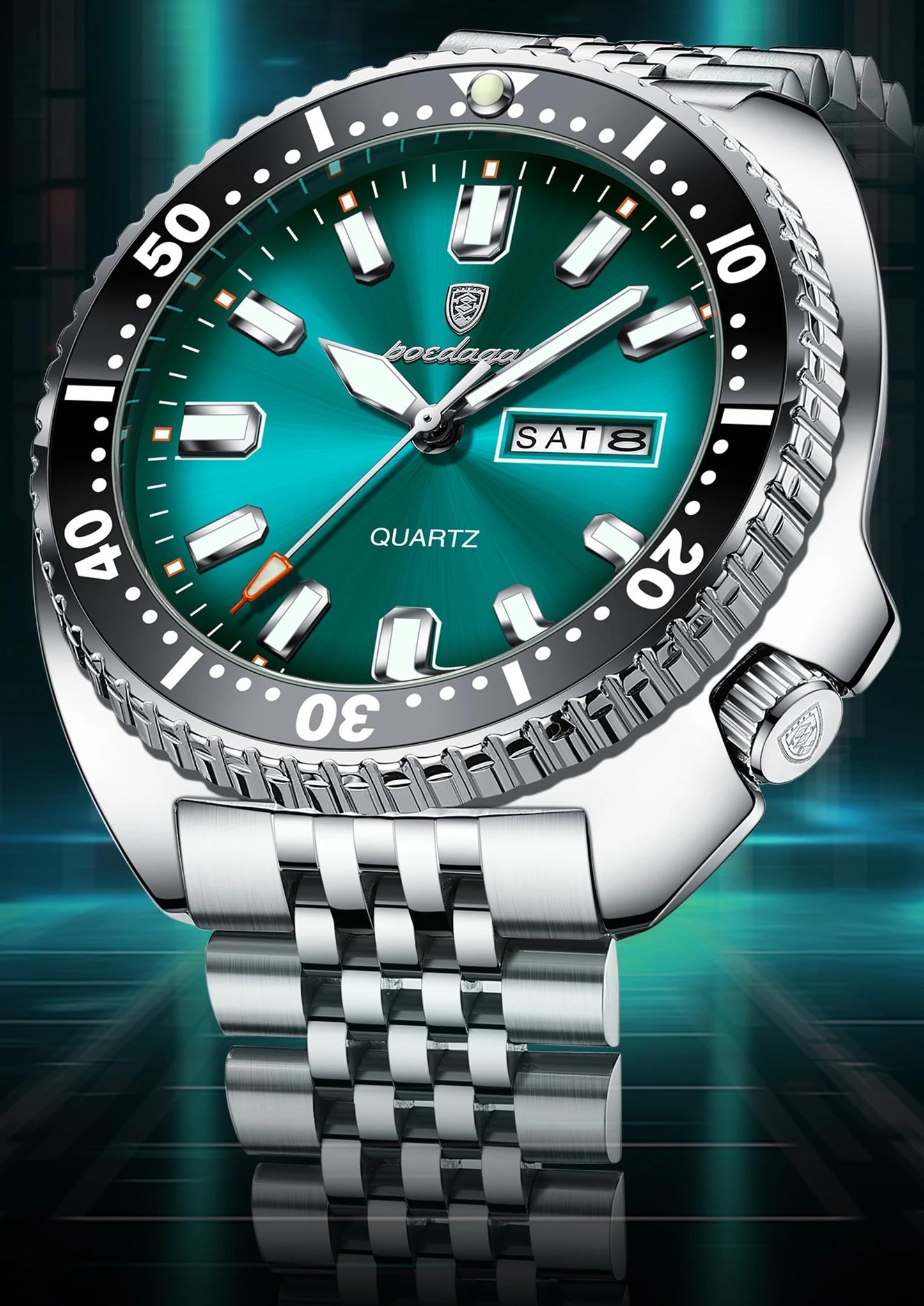 Poedagar Business Men Watch Date Week Waterproof Luminous Luxury Man Wristwatch Sports Stainless Steel Men's Fashion Quartz Watches Male (Silver Green)