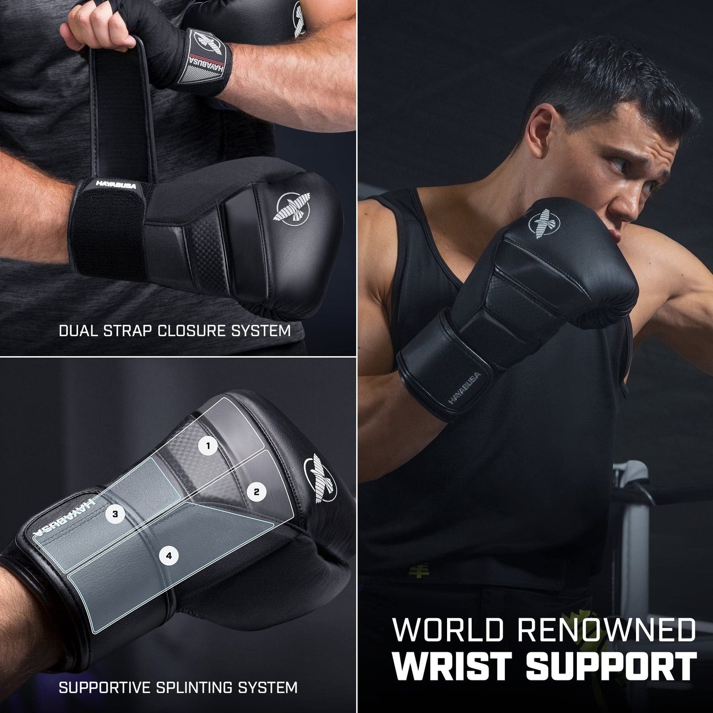 Hayabusa T3 Boxing Gloves for Men and Women Wrist and Knuckle Protection, Dual-X Hook and Loop Closure, Splinted Wrist Support, 5 Layer Foam Knuckle Padding - Black, 16 oz