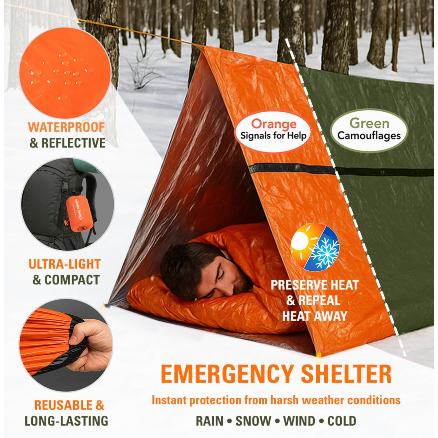 2 Pack Survival Tent with Stakes & Paracord - Each Life Tent Shelters 2 People - Mylar Bivy with Whistle & Carabiner - Waterproof Emergency Shelter – Compact Backpacking & Bushcraft Gear