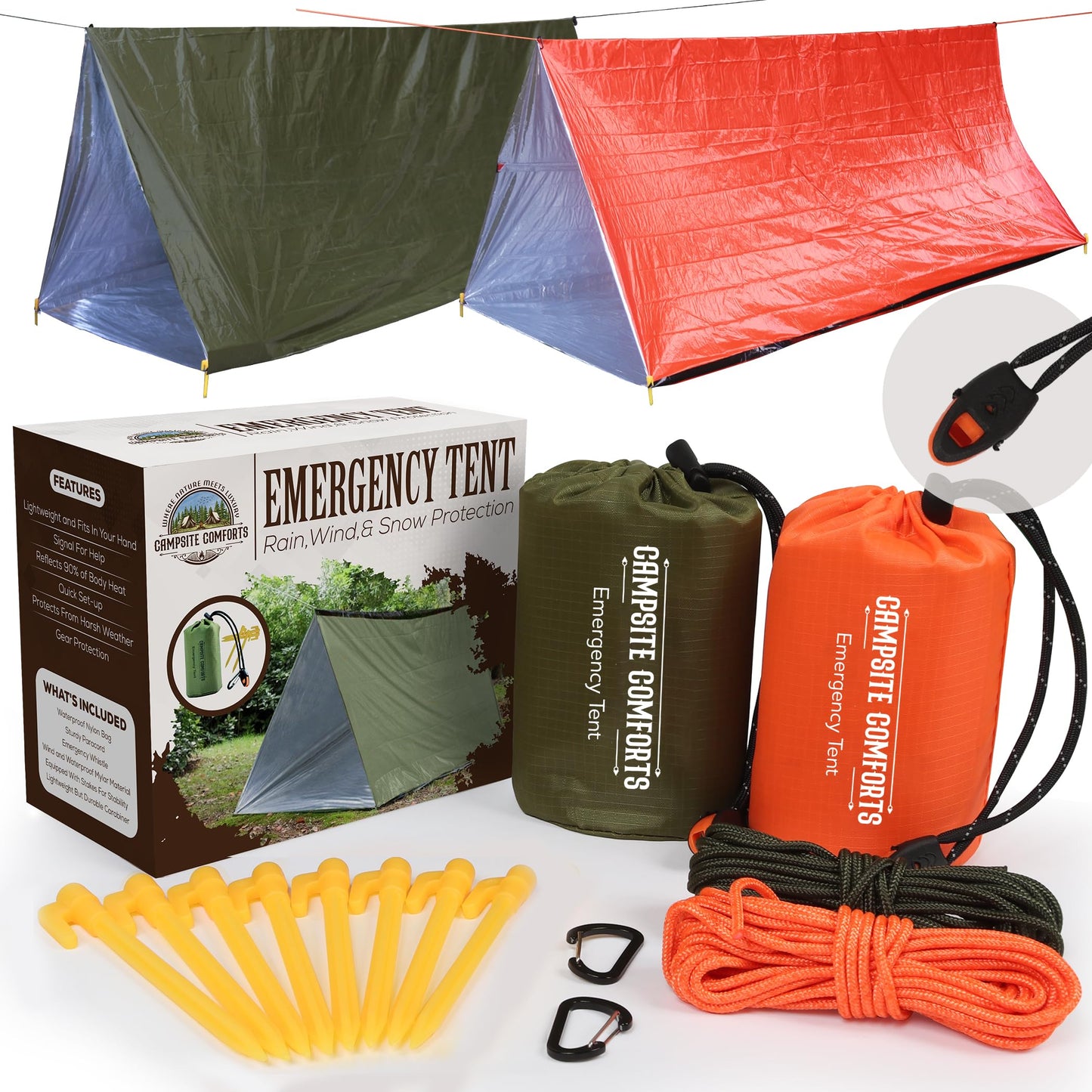 2 Pack Survival Tent with Stakes & Paracord - Each Life Tent Shelters 2 People - Mylar Bivy with Whistle & Carabiner - Waterproof Emergency Shelter – Compact Backpacking & Bushcraft Gear