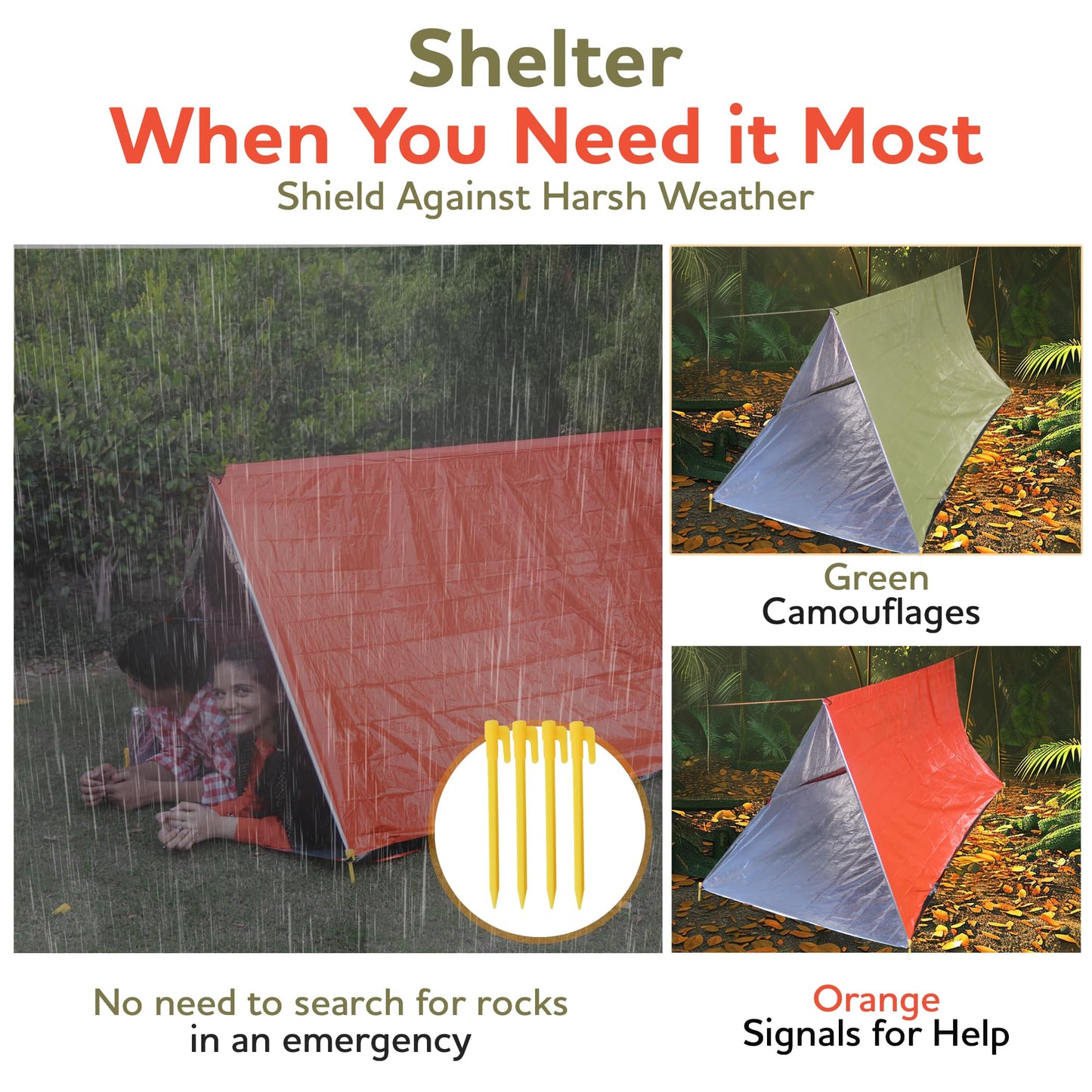 2 Pack Survival Tent with Stakes & Paracord - Each Life Tent Shelters 2 People - Mylar Bivy with Whistle & Carabiner - Waterproof Emergency Shelter – Compact Backpacking & Bushcraft Gear