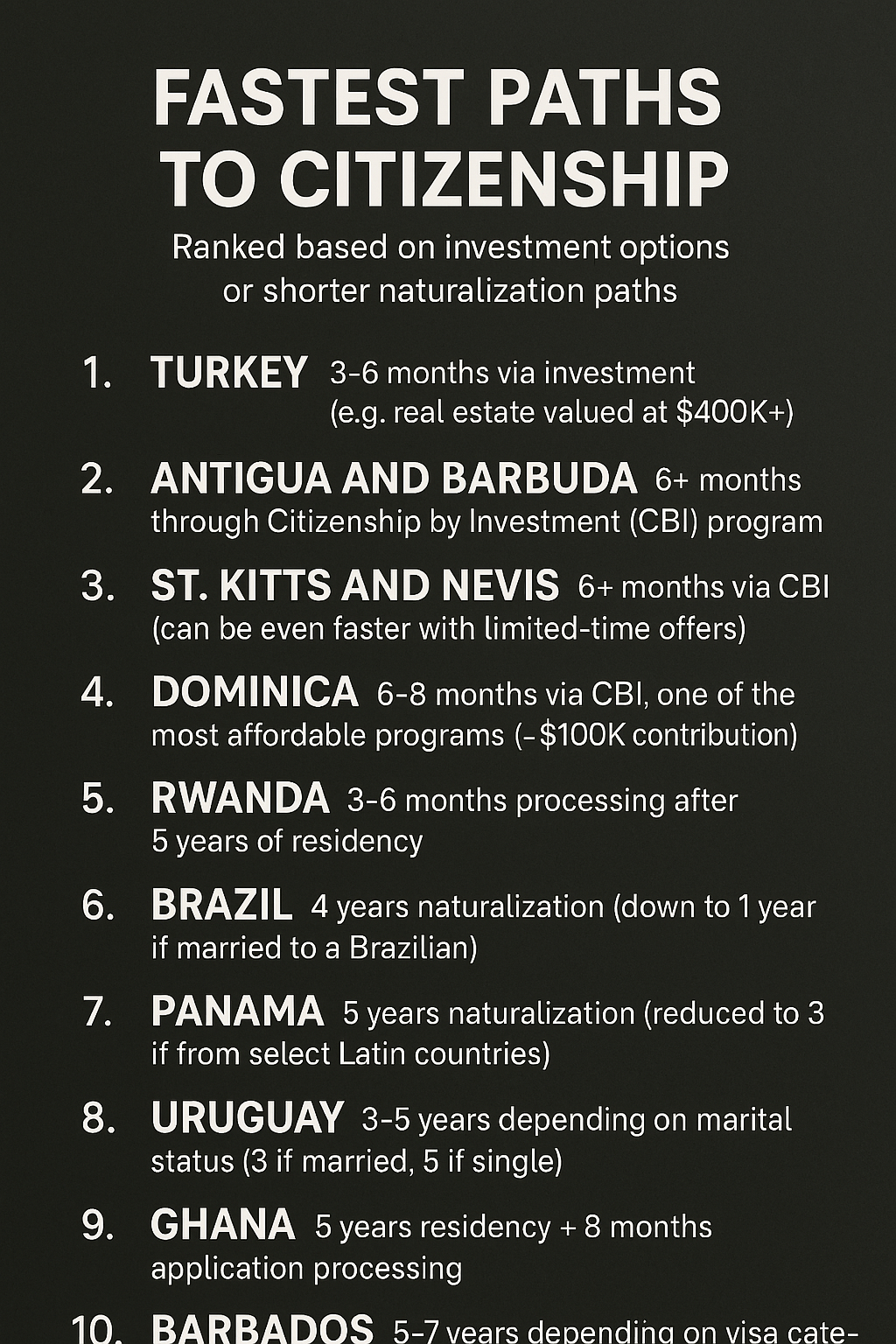 Top 10 Countries You Can Get Citizenship Fast!
