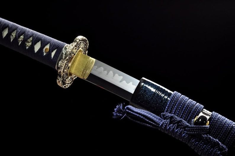 PJXC Handcrafted Collectable Katana Japanese Samurai Sword with T10 Clay Tempered Carbon Steel and Lingfeng Tsuba and Wood Saya for Hobby