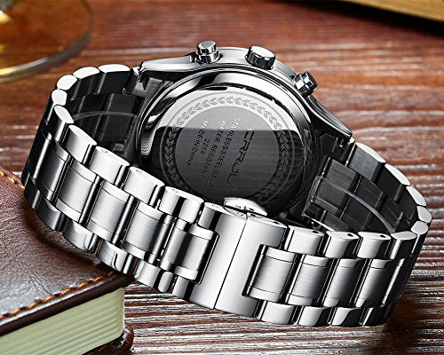 CRRJU Men's Luxury Wristwatches,Fashion Stainsteel Steel Waterproof Date Quartz Watch for Men Six-pin Chronograph Watch (Silver Blue)