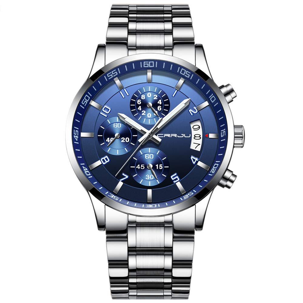 CRRJU Men's Luxury Wristwatches,Fashion Stainsteel Steel Waterproof Date Quartz Watch for Men Six-pin Chronograph Watch (Silver Blue)