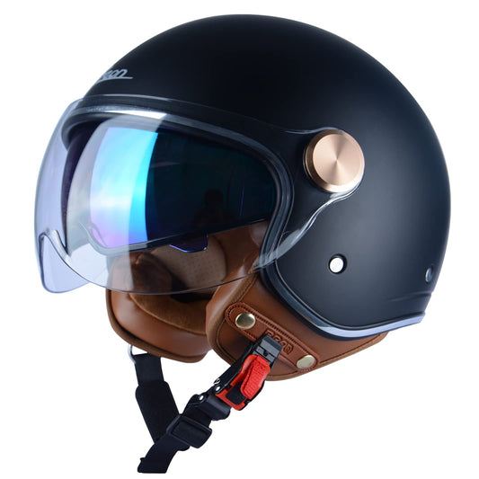 BEON Half 3/4 Face Motorcycle Helmet, DOT Approved, Retro Vintage Style, Dual Visors Men’s and Women’s Motorbike Casco for Moped Cruiser Bobber and Chopper (XL, Matte Black)