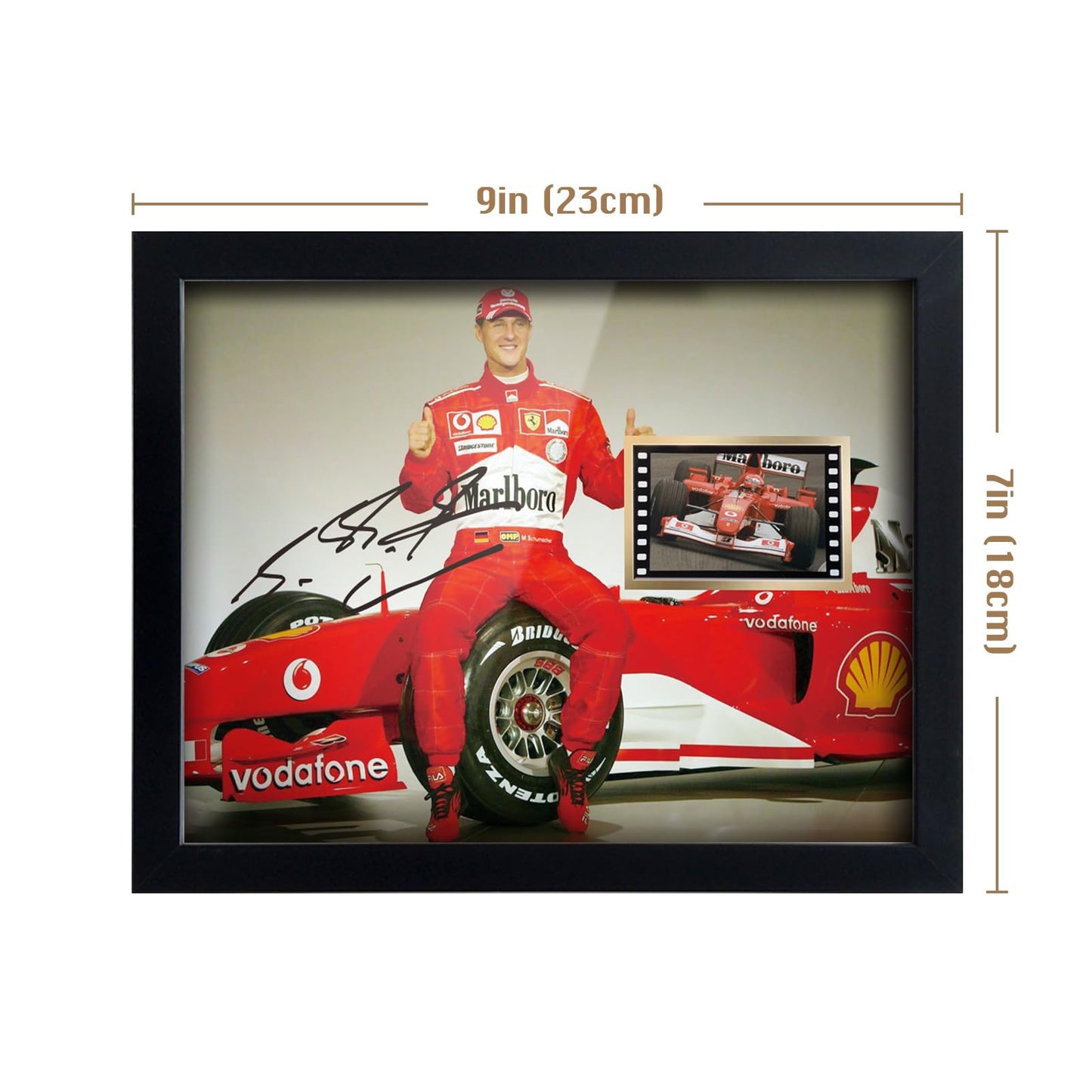 ORIMAMI Signed Michael Schumacher Poster Wooden Framed Photo Art Decor 8x6 Inches,with 1x35mm Film Display,Cool Collectible Gifts for F1 Ferrari Racing Fans