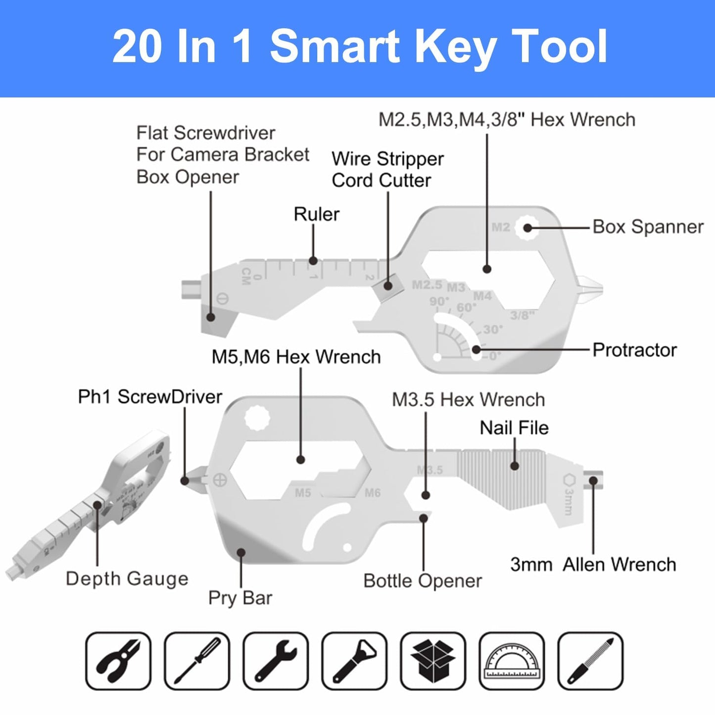Groninog 20 IN 1 Key Shaped Multitools, Key Shaped Pocket Tool, Stainless Steel Utility Gadget, Gift for Men, Everyday Carry, Automotive, Home Improvement, Bottle Opener, Screw Driver, Silver, 1 Pcs
