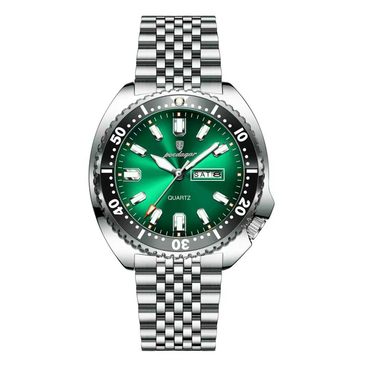 Poedagar Business Men Watch Date Week Waterproof Luminous Luxury Man Wristwatch Sports Stainless Steel Men's Fashion Quartz Watches Male (Silver Green)