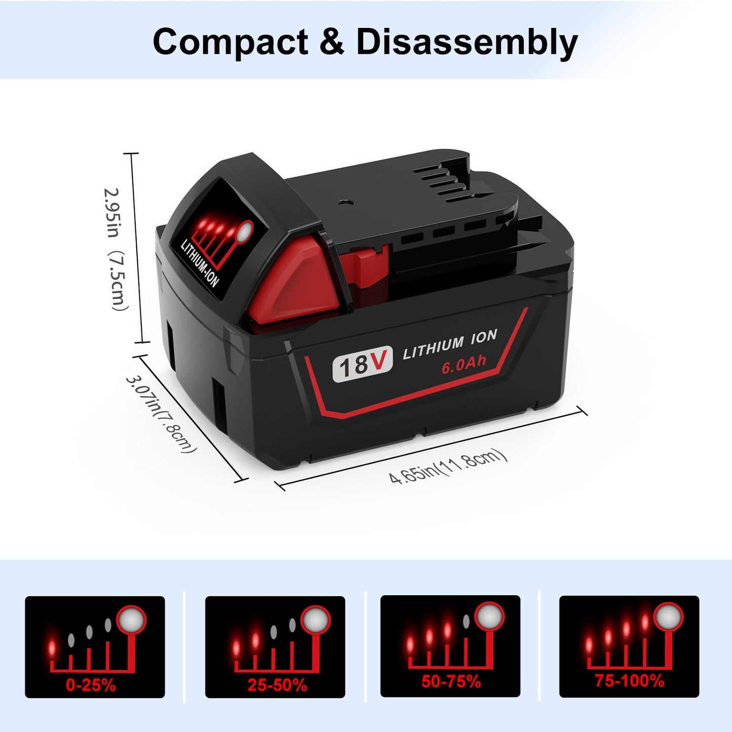 2 Pack 6.0Ah High Output 18V MAX M-18 Lithium-ion Replacement Batteries Compatible with Milwaukee M-18 Battery 48-11-1865 48-11-1850 48-11-1862 Cordless Power Tools