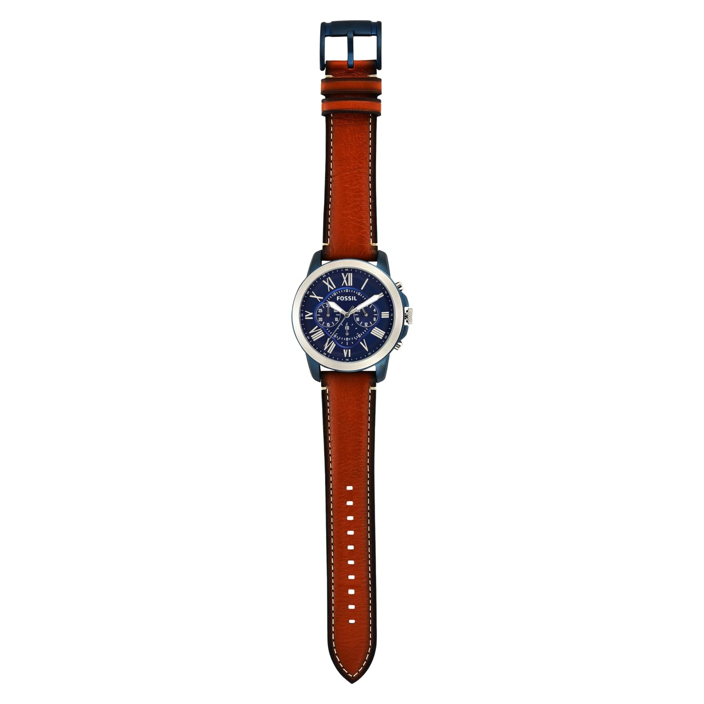 Fossil Men's Grant 44mm Quartz Stainless Steel and Leather Chronograph Watch for Men, Color: Silver/Blue, Luggage (Model: FS5151)