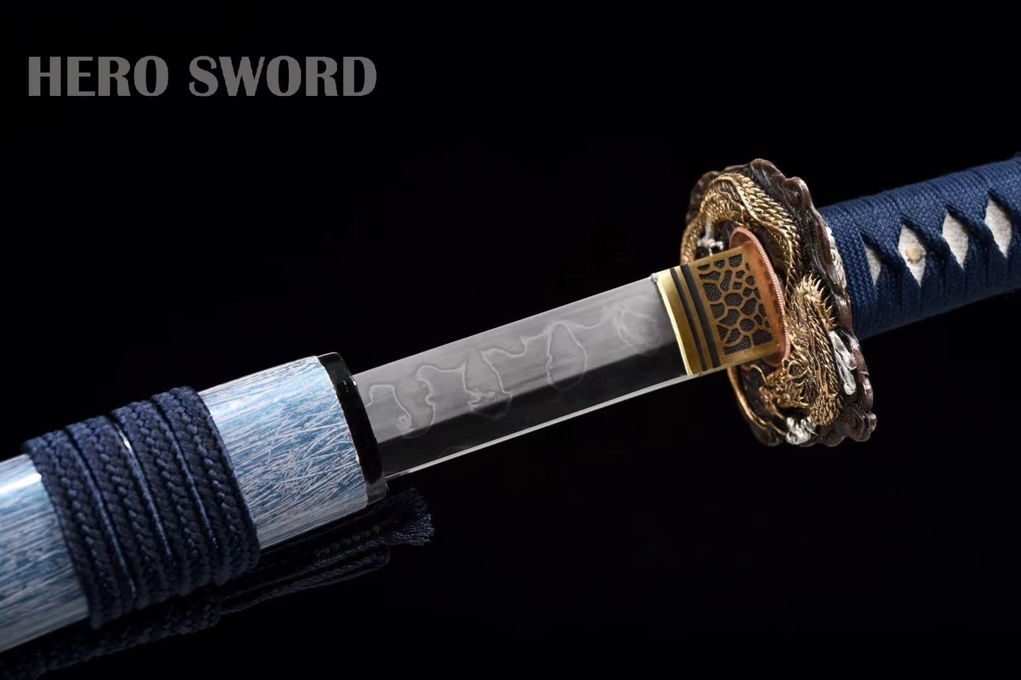 HERO SWORD 2023 New Handmade Clay Tempered T10 Steel Katana Real Japanese Hitatsura Hamon Samurai Sword Dragon King Katana -Blue