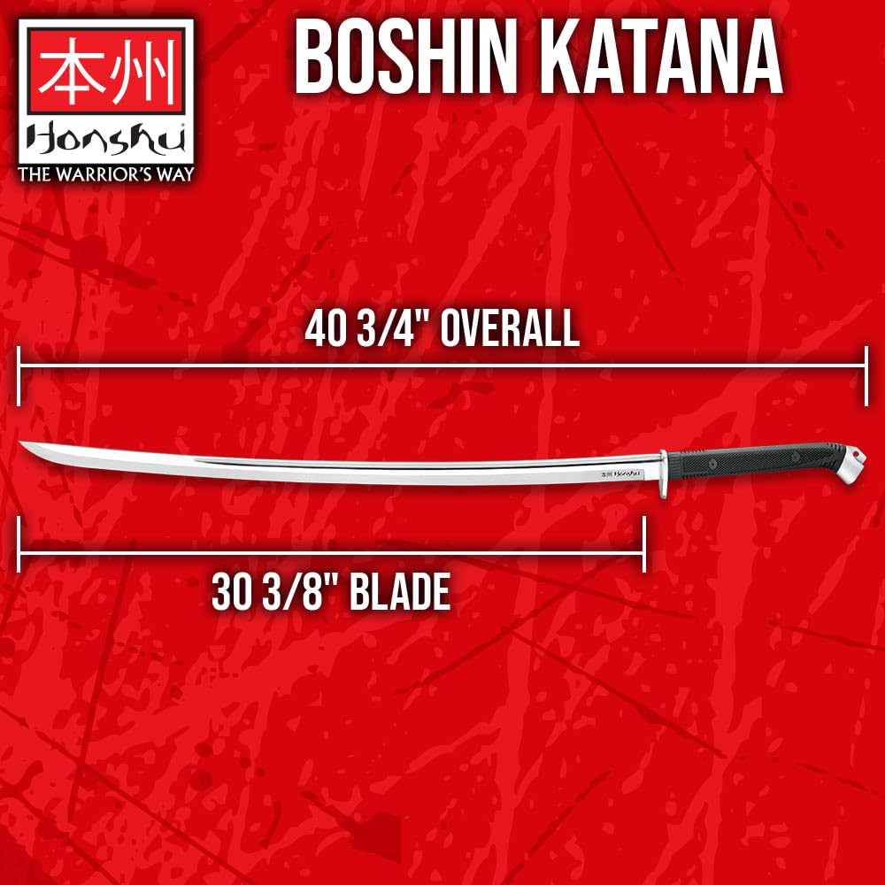 Honshu Boshin Katana with Scabbard | Full-Tang | 30 3/8" 1060 High Carbon Steel Blade | Rugged Non-Slip TPR Handle | Lanyard Hole | For Martial Arts or Collecting | Hand-Forged | Overall Length 40.75"