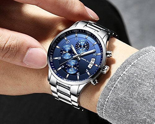 CRRJU Men's Luxury Wristwatches,Fashion Stainsteel Steel Waterproof Date Quartz Watch for Men Six-pin Chronograph Watch (Silver Blue)