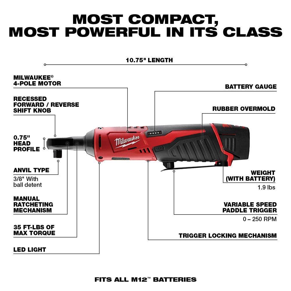 Milwaukee 2498-25 M12 12V Cordless 5-Tool Combo Kit: 2407-20 3/8 in.Drill/Driver + 2462-20 1/4 in. Hex Impact Driver+2420-20 Hackzall Recip Saw+2457-20 3/8 in.Ratchet+49-24-0146 LED Worklight,YKGAV
