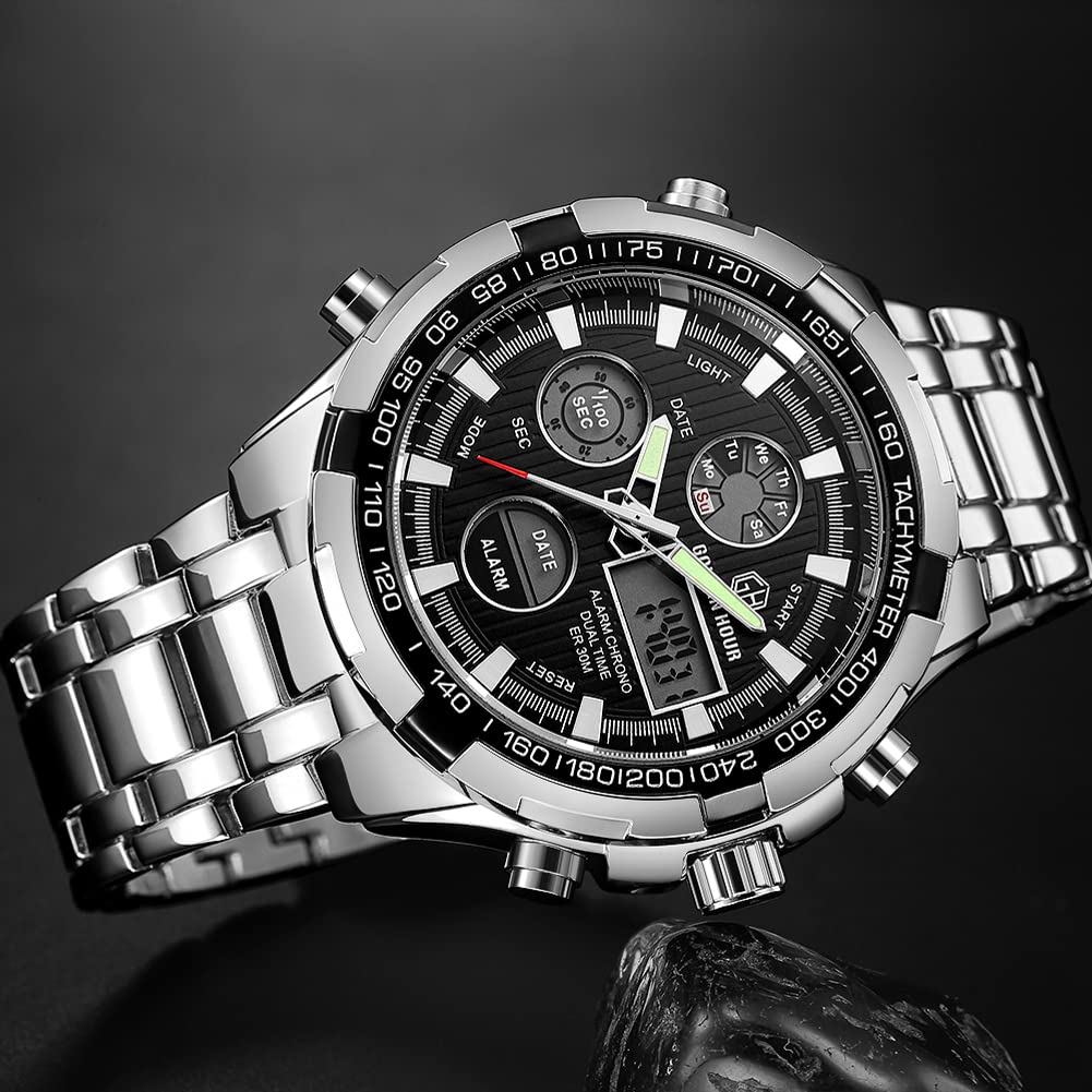 GOLDEN HOUR Luxury Stainless Steel Analog Digital Watches for Men Male Outdoor Sport Waterproof Big Heavy Wristwatch (Silver Black)