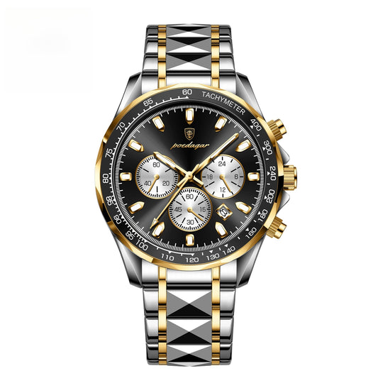 Poedagar Fashion Men's Luxury Watches Waterproof Luminous Date Chronograph Watch for Man Stainless Steel Sports Quartz Men Watch (Golden Black)