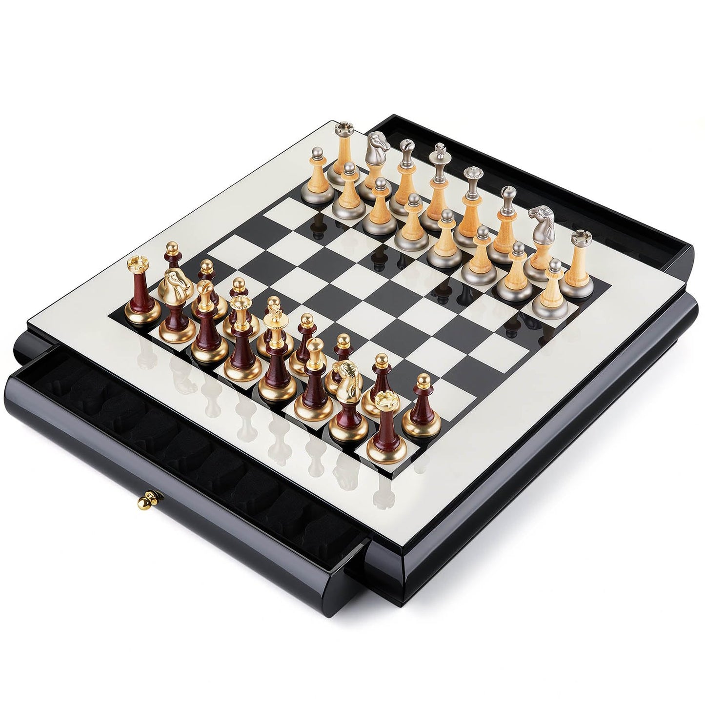 AMEROUS 16 Inches Wooden Chess Set, Large Size Board with 2 Built-in Storage Drawers - 2 Extra Queens - Metallic & Wooden Chess Pieces - Gift Packaging, Board Games for Adults and Kids