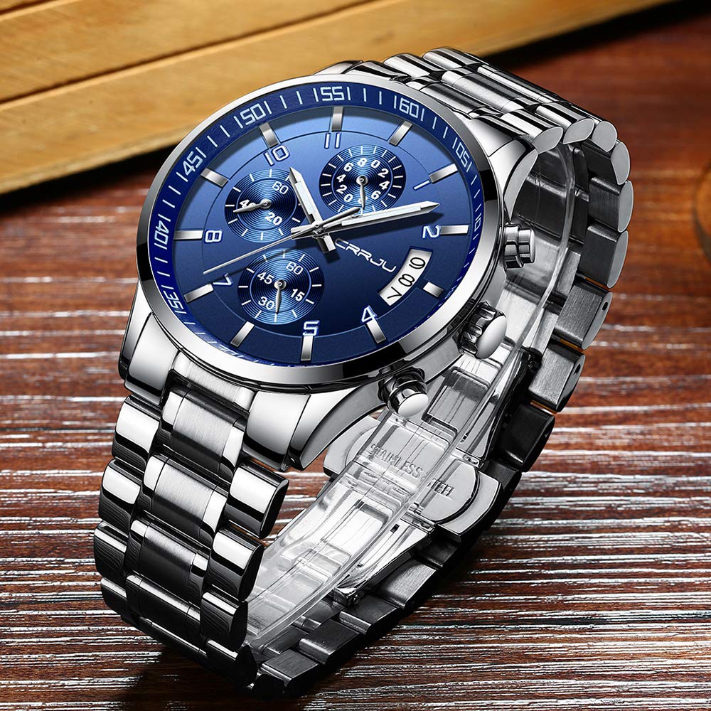 CRRJU Men's Luxury Wristwatches,Fashion Stainsteel Steel Waterproof Date Quartz Watch for Men Six-pin Chronograph Watch (Silver Blue)