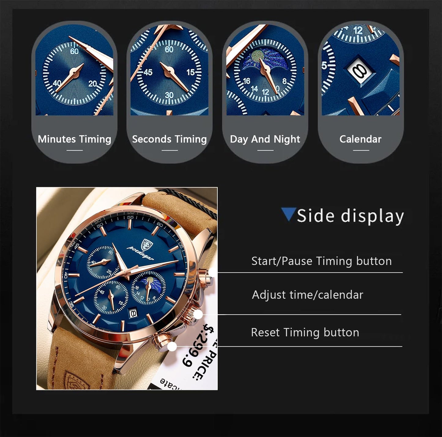 Poedagar Sports Classic Men Quartz Watch Waterproof Chronograph Luminous Date Fashion Man Wristwatch Business Leather Men's Watches Clock (Silver Blue)