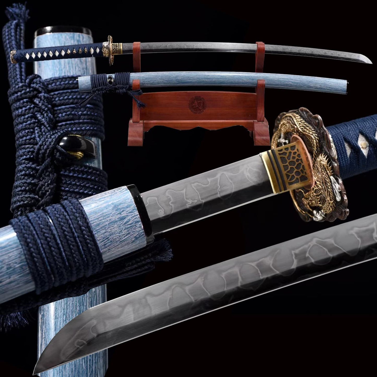 HERO SWORD 2023 New Handmade Clay Tempered T10 Steel Katana Real Japanese Hitatsura Hamon Samurai Sword Dragon King Katana -Blue