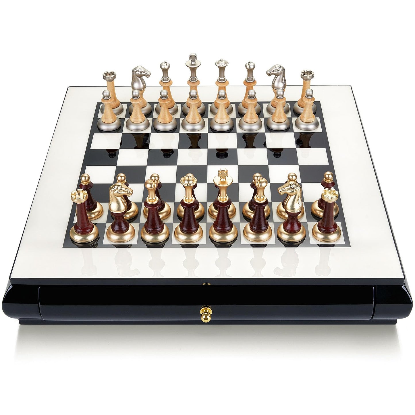 AMEROUS 16 Inches Wooden Chess Set, Large Size Board with 2 Built-in Storage Drawers - 2 Extra Queens - Metallic & Wooden Chess Pieces - Gift Packaging, Board Games for Adults and Kids