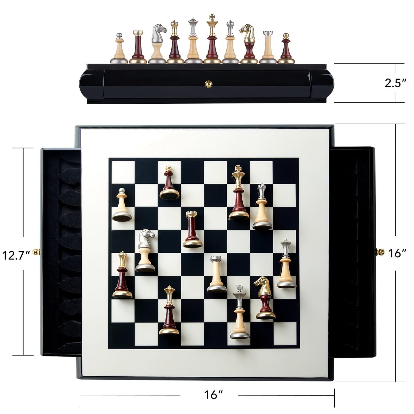 AMEROUS 16 Inches Wooden Chess Set, Large Size Board with 2 Built-in Storage Drawers - 2 Extra Queens - Metallic & Wooden Chess Pieces - Gift Packaging, Board Games for Adults and Kids