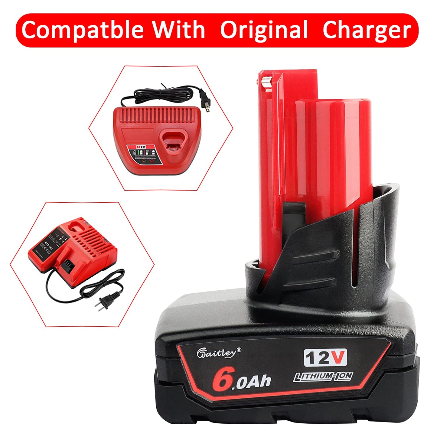 waitley 2 Pack 12V 6A Replacement Battery Compatible with Milwaukee 6.0Ah Power Tools