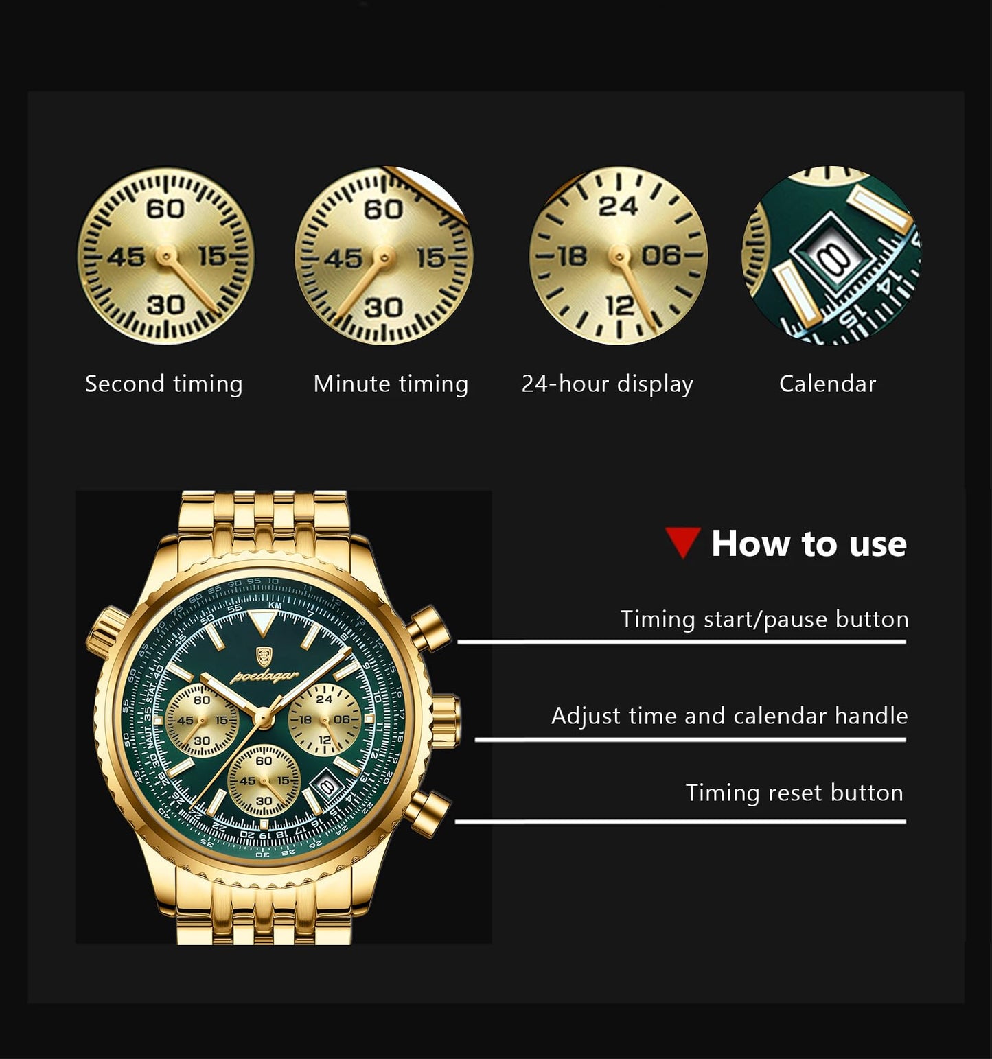 Poedagar Men Fashion Big Dial Military Quartz Watch Waterproof Luminous Date Chronograph Man's Luxury Quartz Watches Sport Stainless Steel Wristwatches