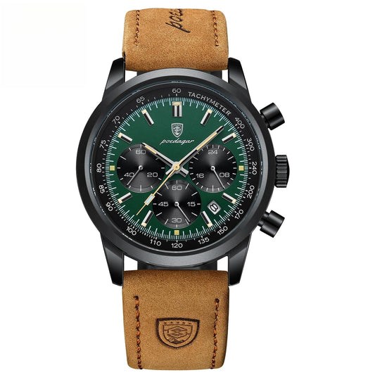 Poedagar Man Watch Waterproof Chronograph Luxury Luminous Date Wristwatch for Men Quartz Leather Fashion Business Classic Men's Watches (Black Green)