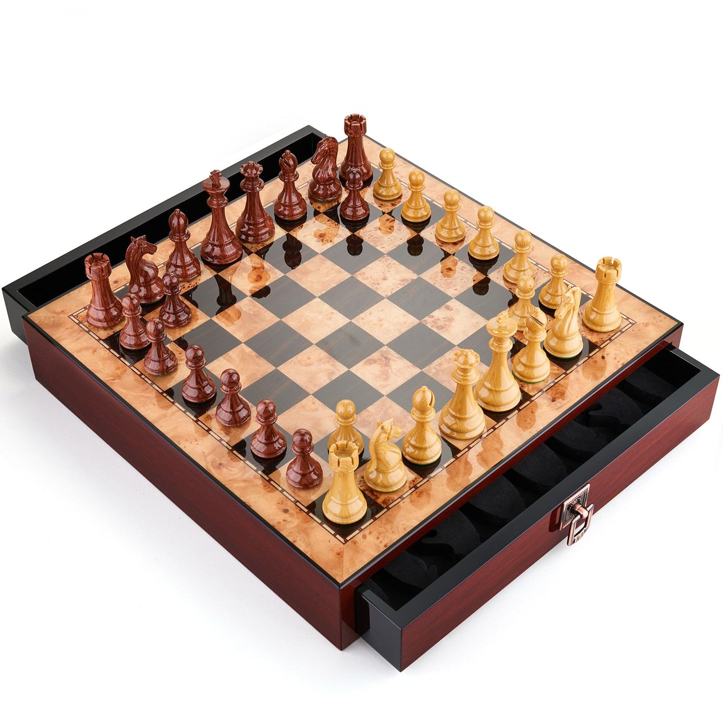 AMEROUS 17 inches Wooden Chess Set with High Polymer Weighted Chess Pieces / 2 Built-in Storage Drawers / 2 Extra Queens / 3.75'' King, Classic Board Game