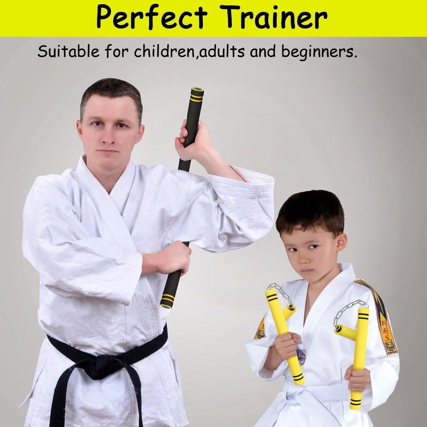 MSGumiho Nunchucks Safe Foam Rubber Training Nunchucks Nunchakus with Steel Chain for Kids Adults & Beginners Practice and Training (1Black+1Yellow)