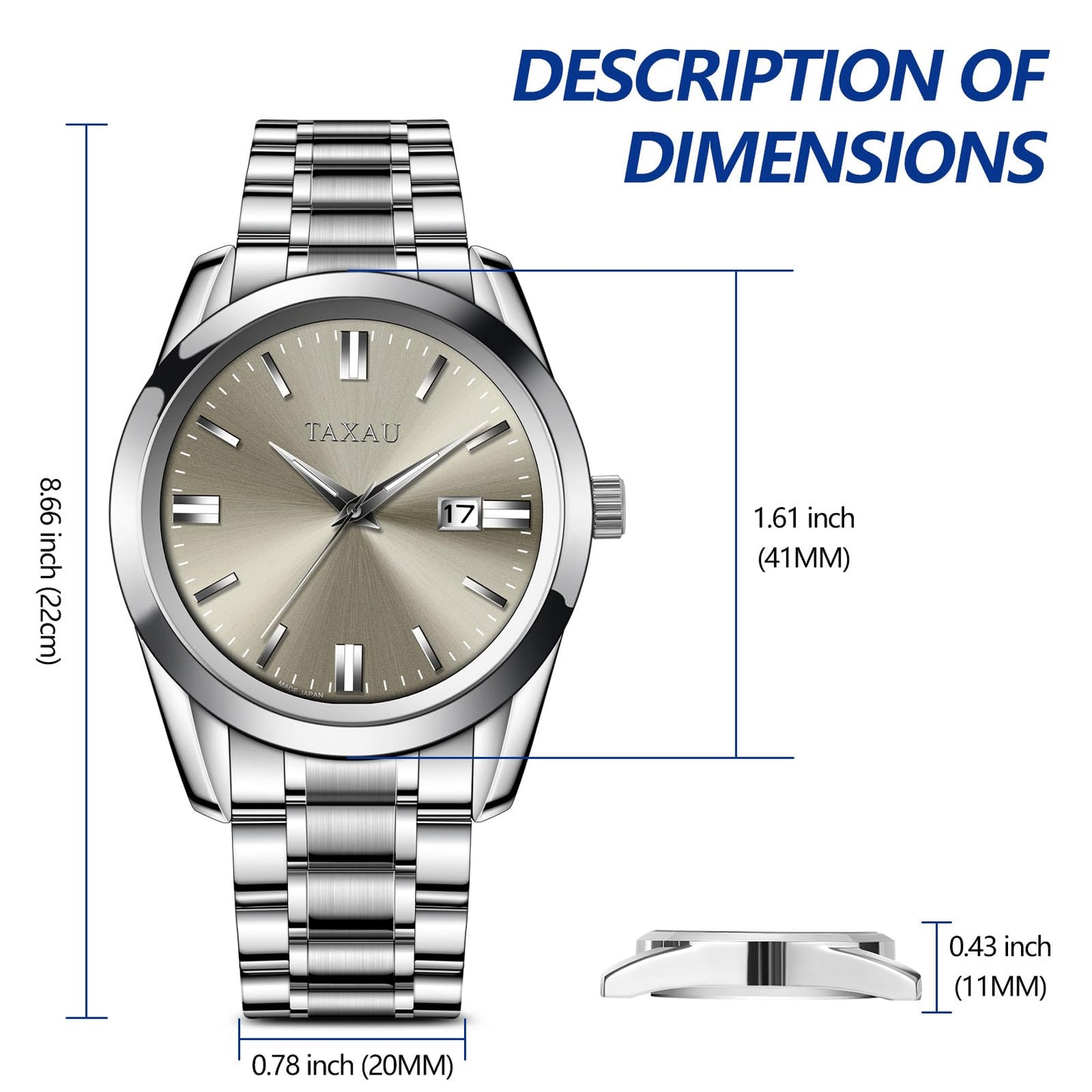 Taxau Watches for Men Luxury Simple Easy Read Grey Large Face Men’s Wrist Watches Classic Fashion Silver Stainless Steel Waterproof Mens Watch Fancy Casual Dress Quartz Analog Watch Reloj para Hombre