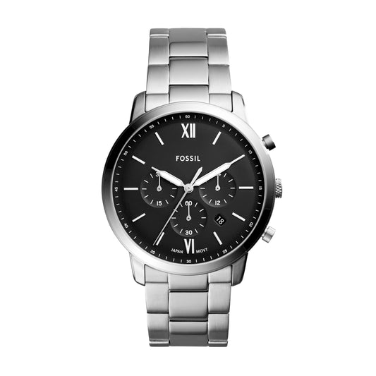 Fossil Men's Neutra Quartz Stainless Steel Chronograph Watch, Analog Watches for Men, Color: Silver/Black Dial (Model: FS5384)