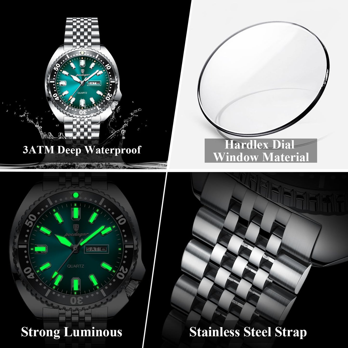 Poedagar Business Men Watch Date Week Waterproof Luminous Luxury Man Wristwatch Sports Stainless Steel Men's Fashion Quartz Watches Male (Silver Green)
