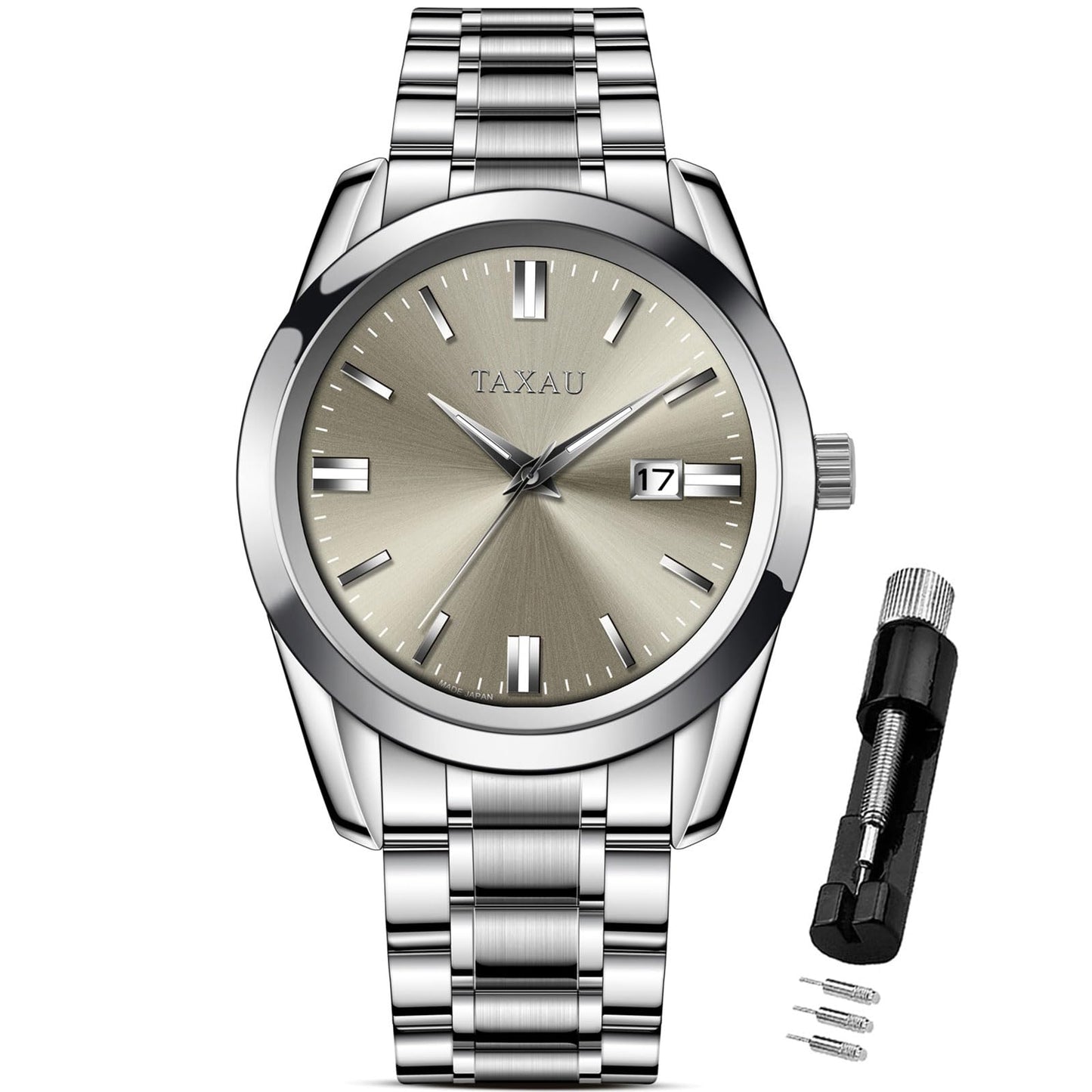 Taxau Watches for Men Luxury Simple Easy Read Grey Large Face Men’s Wrist Watches Classic Fashion Silver Stainless Steel Waterproof Mens Watch Fancy Casual Dress Quartz Analog Watch Reloj para Hombre