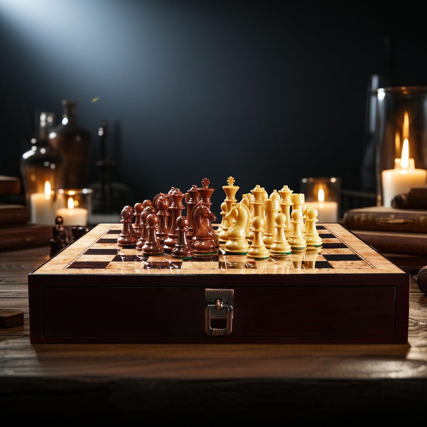 AMEROUS 17 inches Wooden Chess Set with High Polymer Weighted Chess Pieces / 2 Built-in Storage Drawers / 2 Extra Queens / 3.75'' King, Classic Board Game
