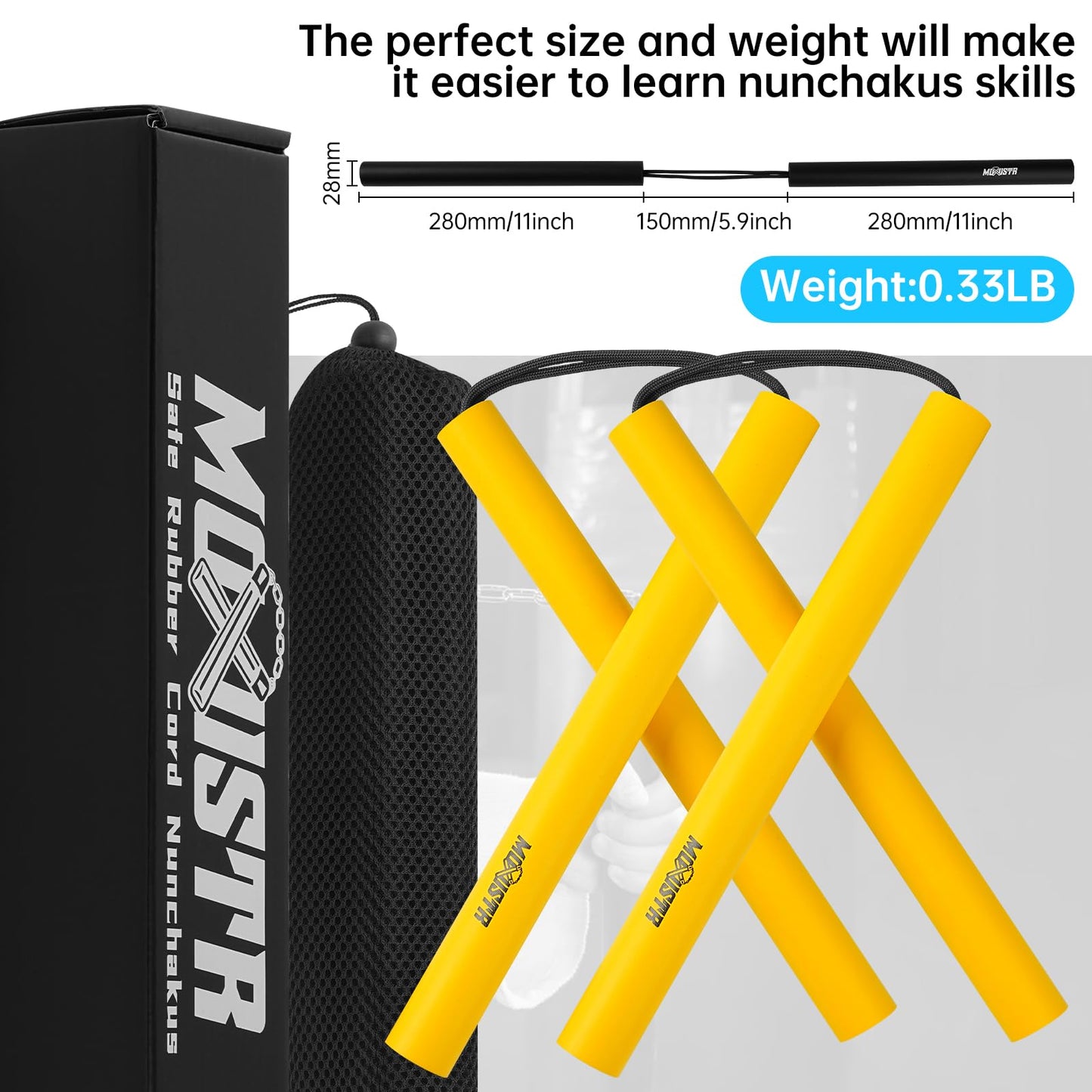 MOXIISTR Safe Foam Rubber Cord Nunchakus Upgraded for Beginners Practice and Training 2 Pack (Yellow-Yellow)