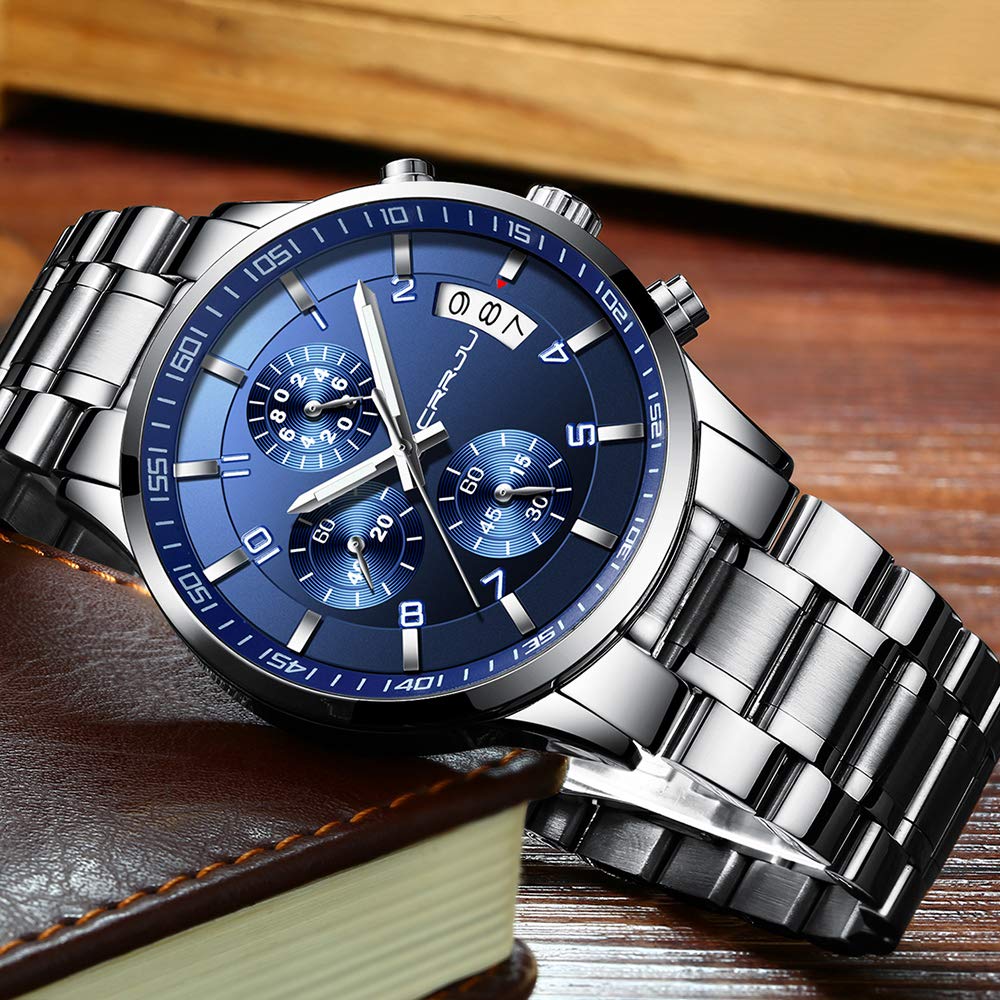CRRJU Men's Luxury Wristwatches,Fashion Stainsteel Steel Waterproof Date Quartz Watch for Men Six-pin Chronograph Watch (Silver Blue)