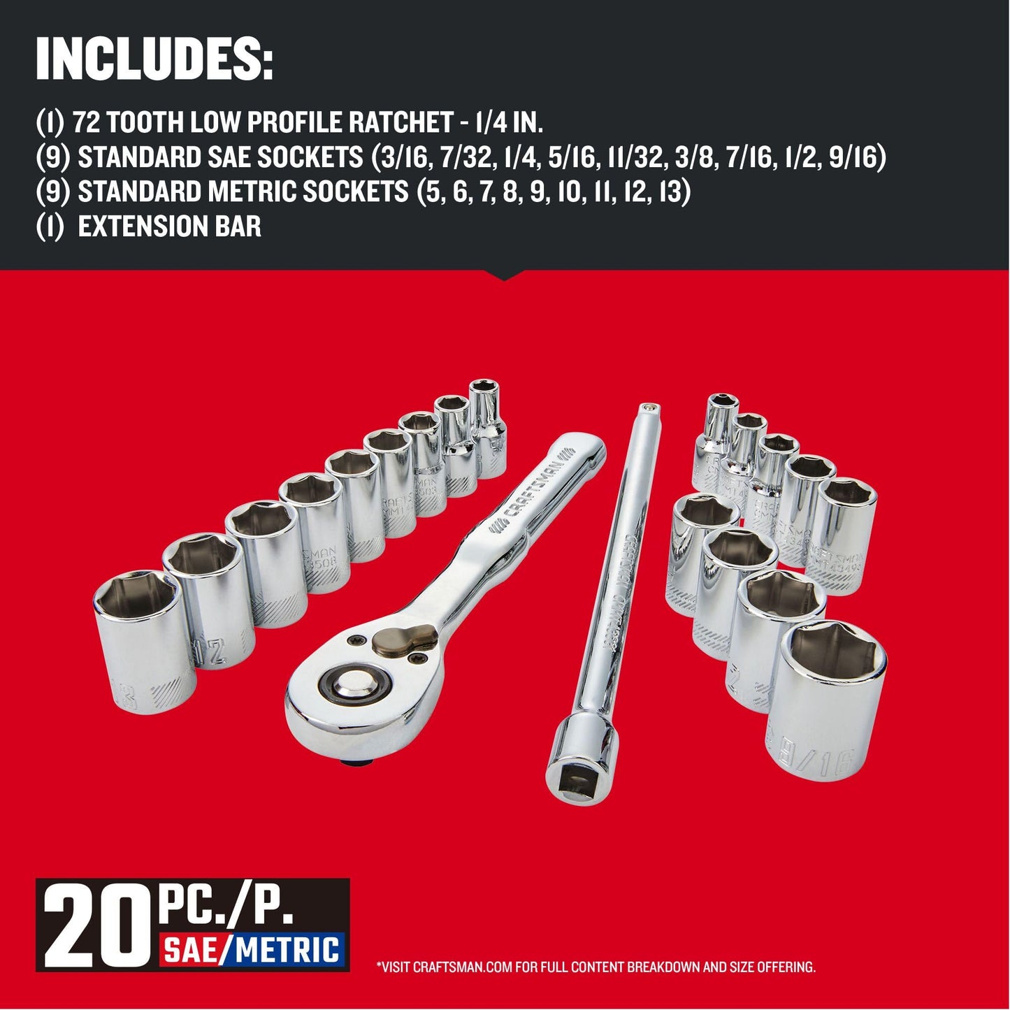 CRAFTSMAN Mechanics Tool Set, 1/4 Inch Drive, 20 Piece (CMMT12108)