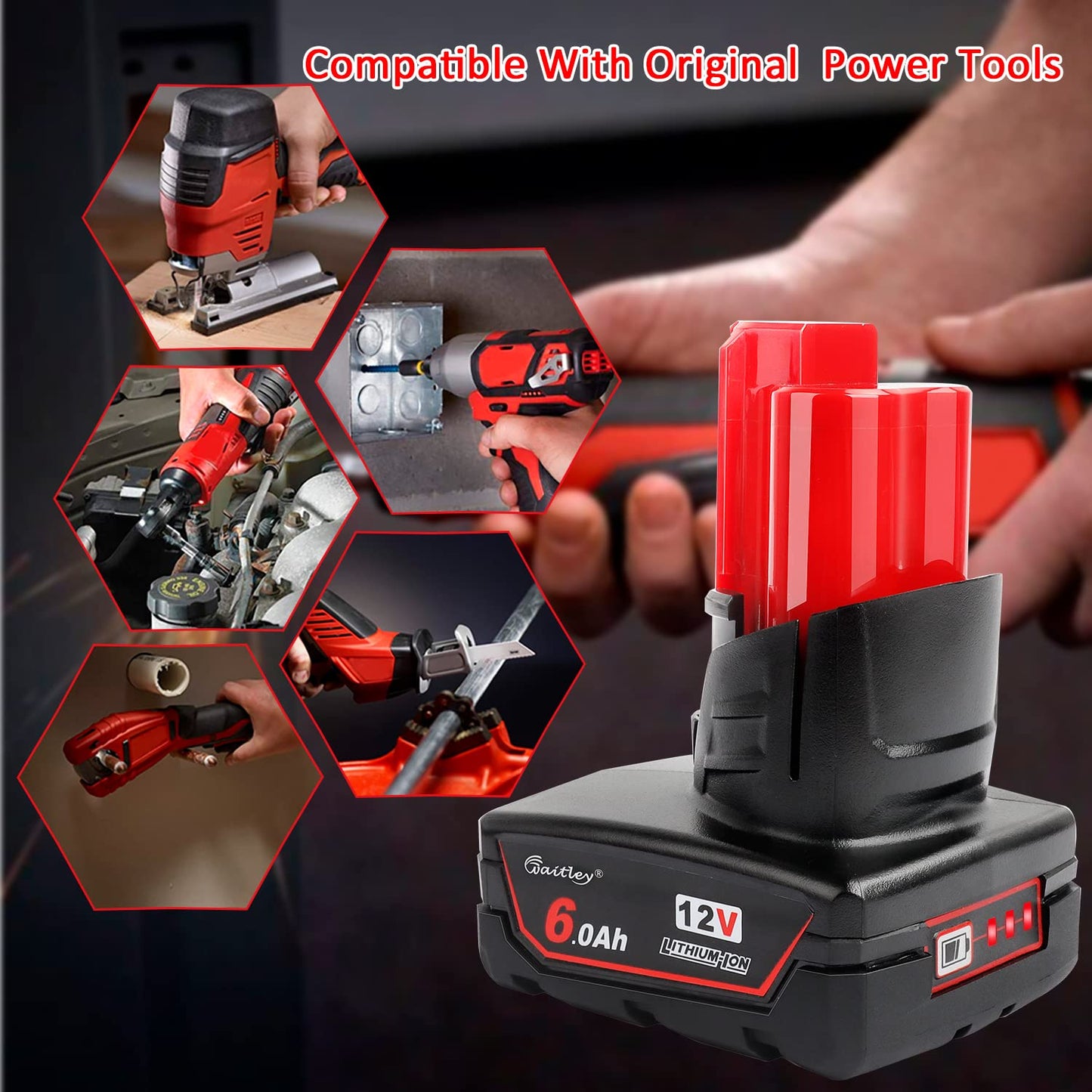 waitley 2 Pack 12V 6A Replacement Battery Compatible with Milwaukee 6.0Ah Power Tools