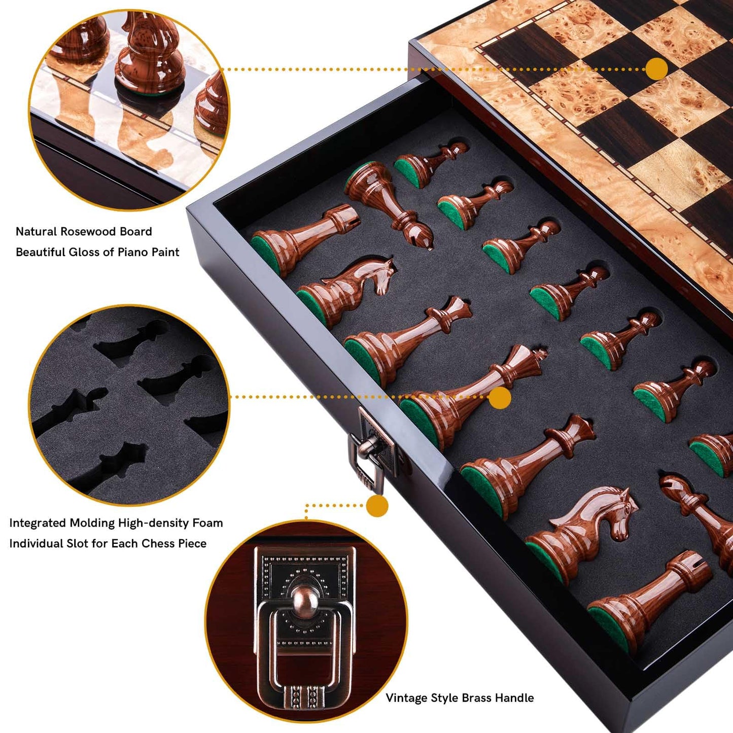 AMEROUS 17 inches Wooden Chess Set with High Polymer Weighted Chess Pieces / 2 Built-in Storage Drawers / 2 Extra Queens / 3.75'' King, Classic Board Game