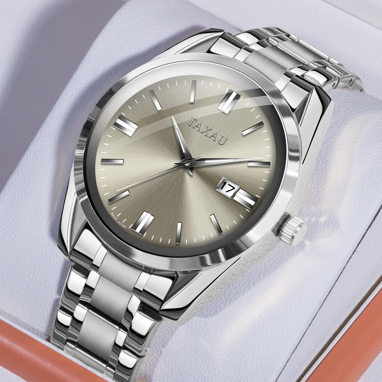 Taxau Watches for Men Luxury Simple Easy Read Grey Large Face Men’s Wrist Watches Classic Fashion Silver Stainless Steel Waterproof Mens Watch Fancy Casual Dress Quartz Analog Watch Reloj para Hombre
