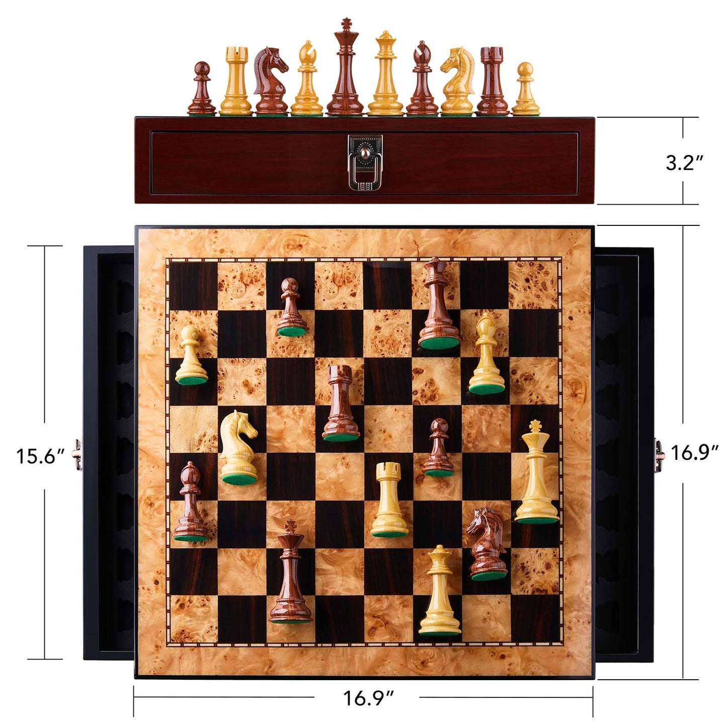 AMEROUS 17 inches Wooden Chess Set with High Polymer Weighted Chess Pieces / 2 Built-in Storage Drawers / 2 Extra Queens / 3.75'' King, Classic Board Game